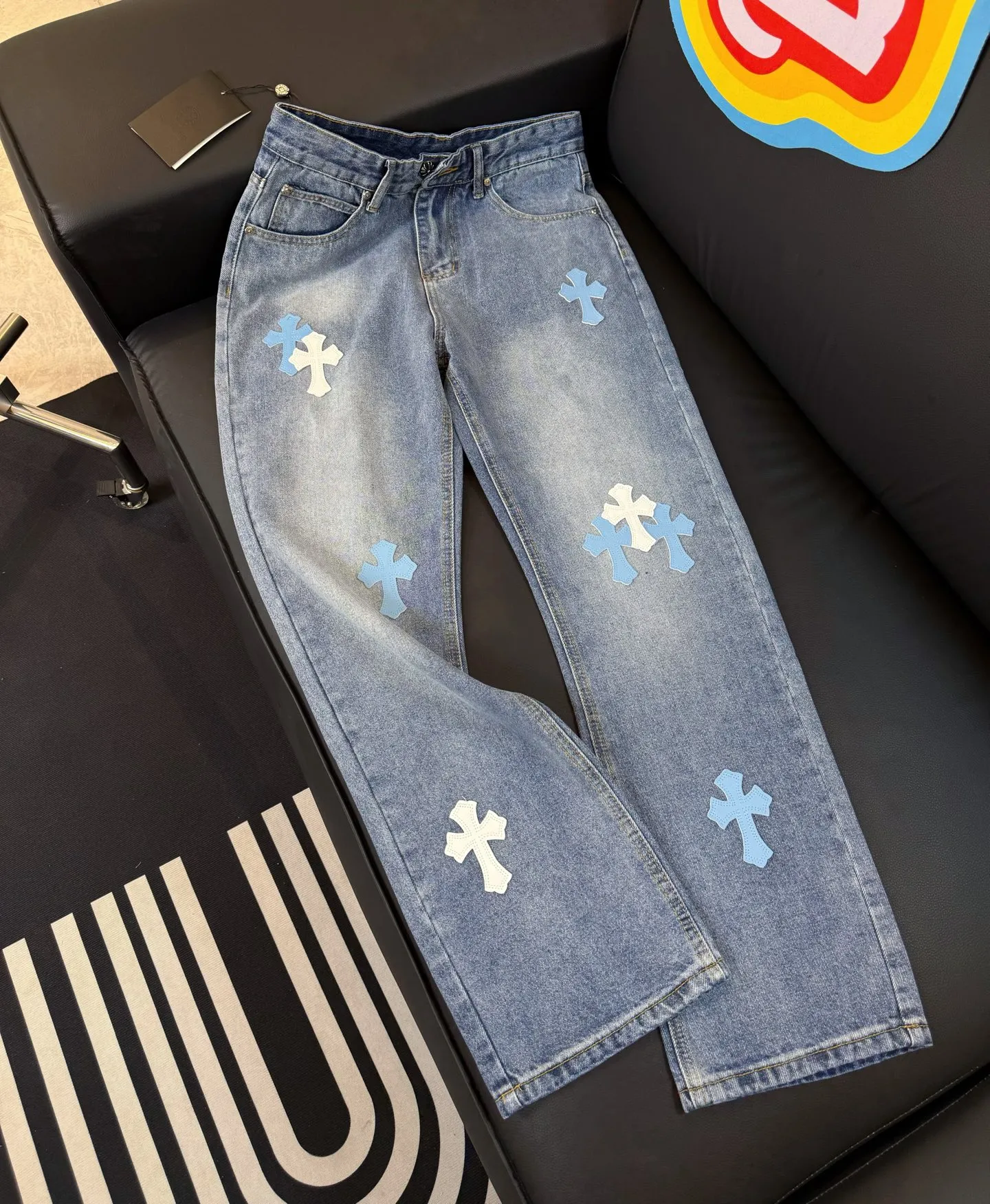 P280 Style number: D316 Chrome Hearts washed blue leather jeans Size# 28 30 32 34